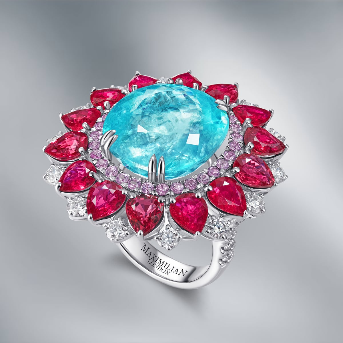 Diamond Ring Set With Paraiba Tourmaline & Burmese Rubies