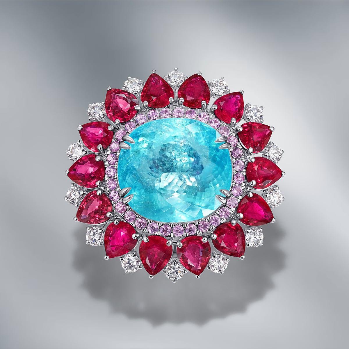 Diamond Ring Set With Paraiba Tourmaline & Burmese Rubies