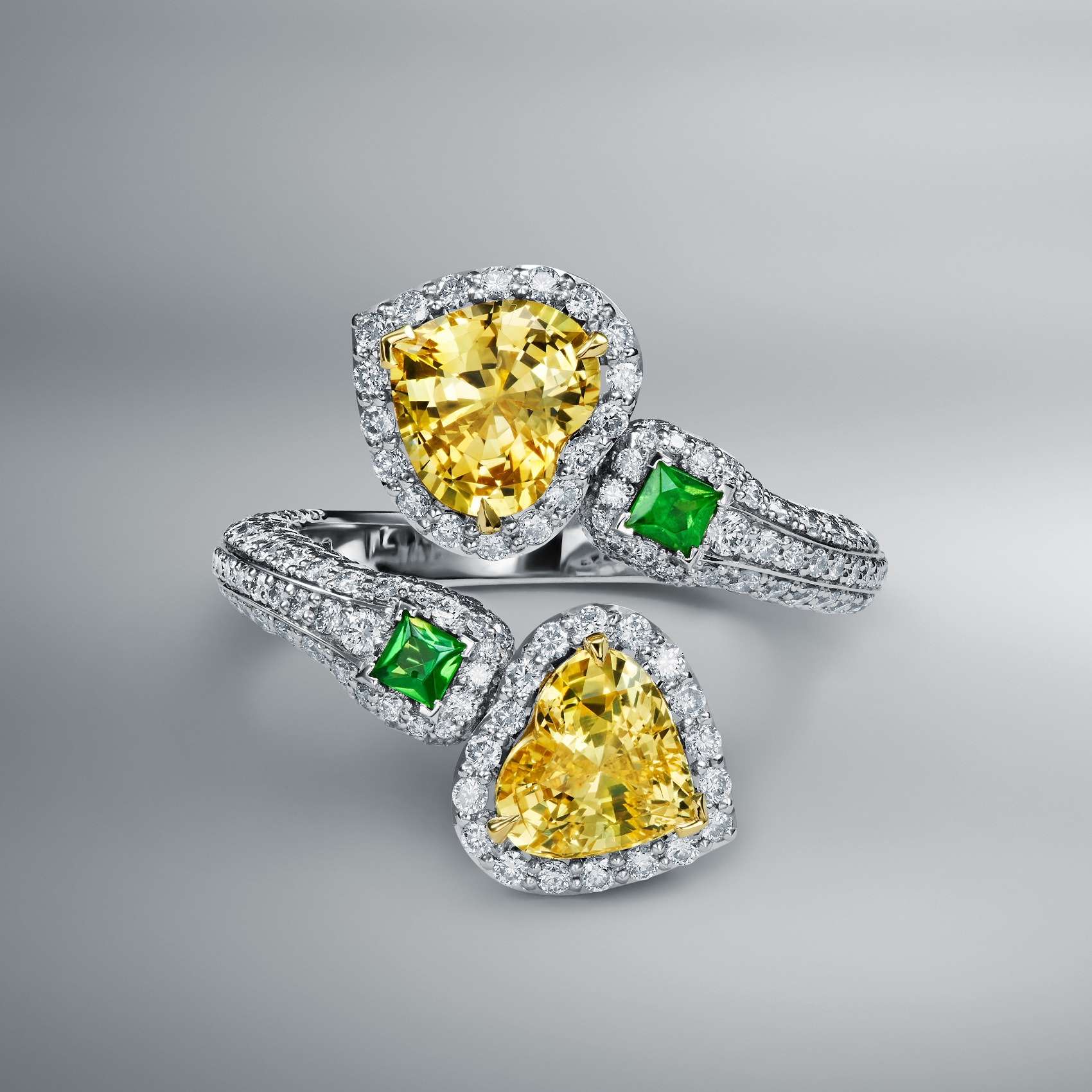 Diamond Ring Set With Heart Shaped Yellow Sapphires