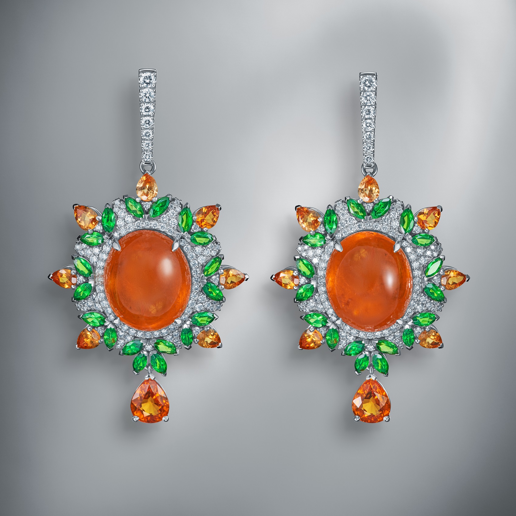 Diamond Earrings Set With Natural Orange Spessartine Garnet