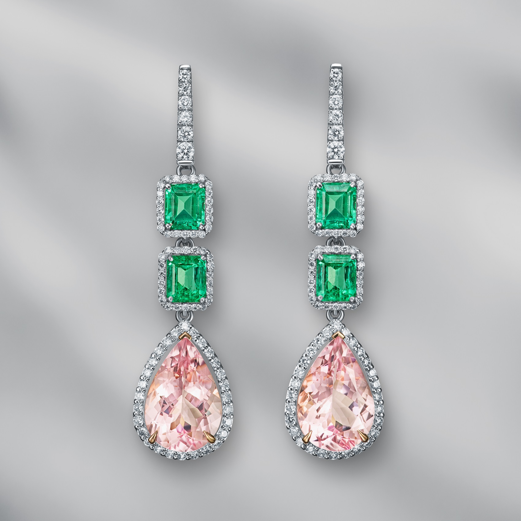 Diamond Earrings Set With Pink Morganite & Emeralds