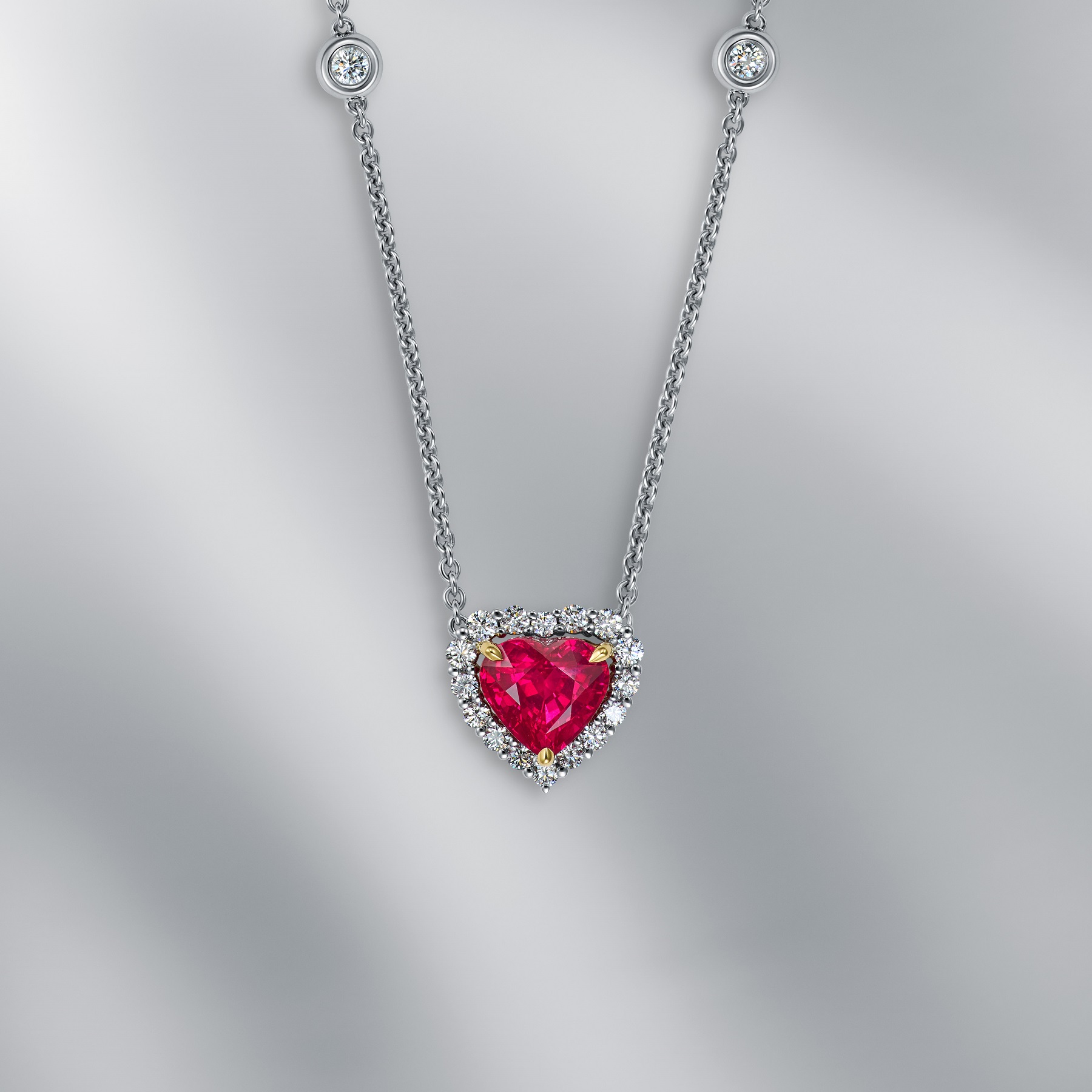 Natural "Vivid Red" Mozambique Ruby & Diamond Pendant With Chain