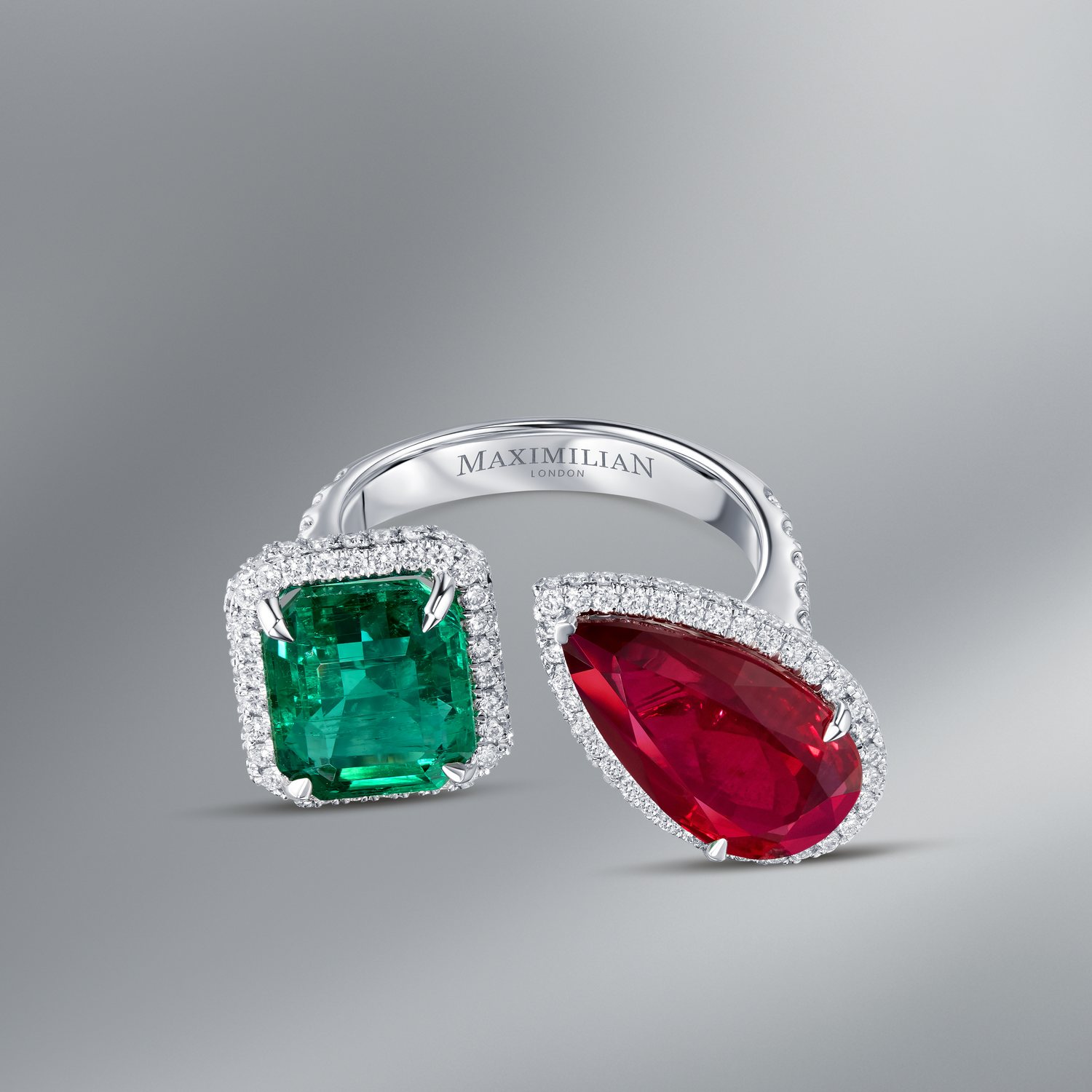 Diamond Ring Set with Natural Mozambique Ruby and Zambian Emerald