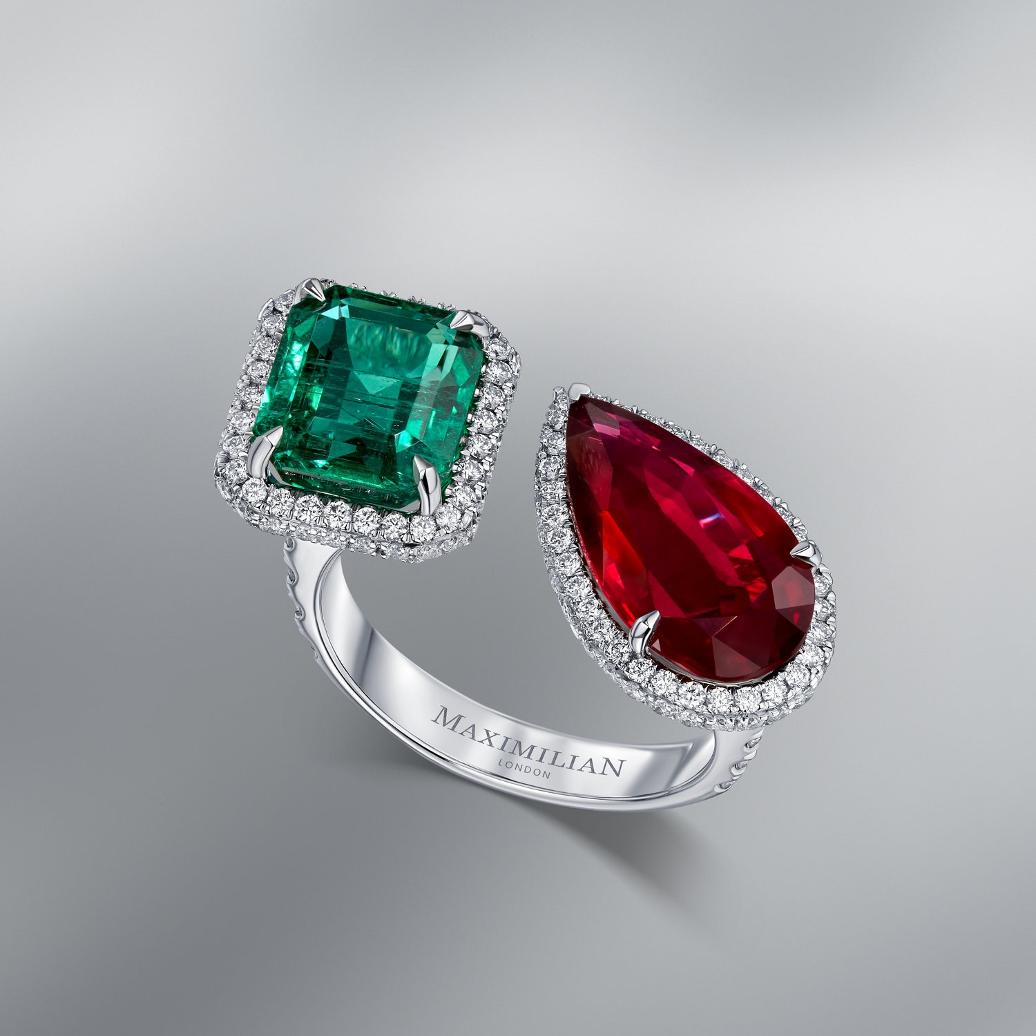 Diamond Ring Set with Natural Mozambique Ruby and Zambian Emerald