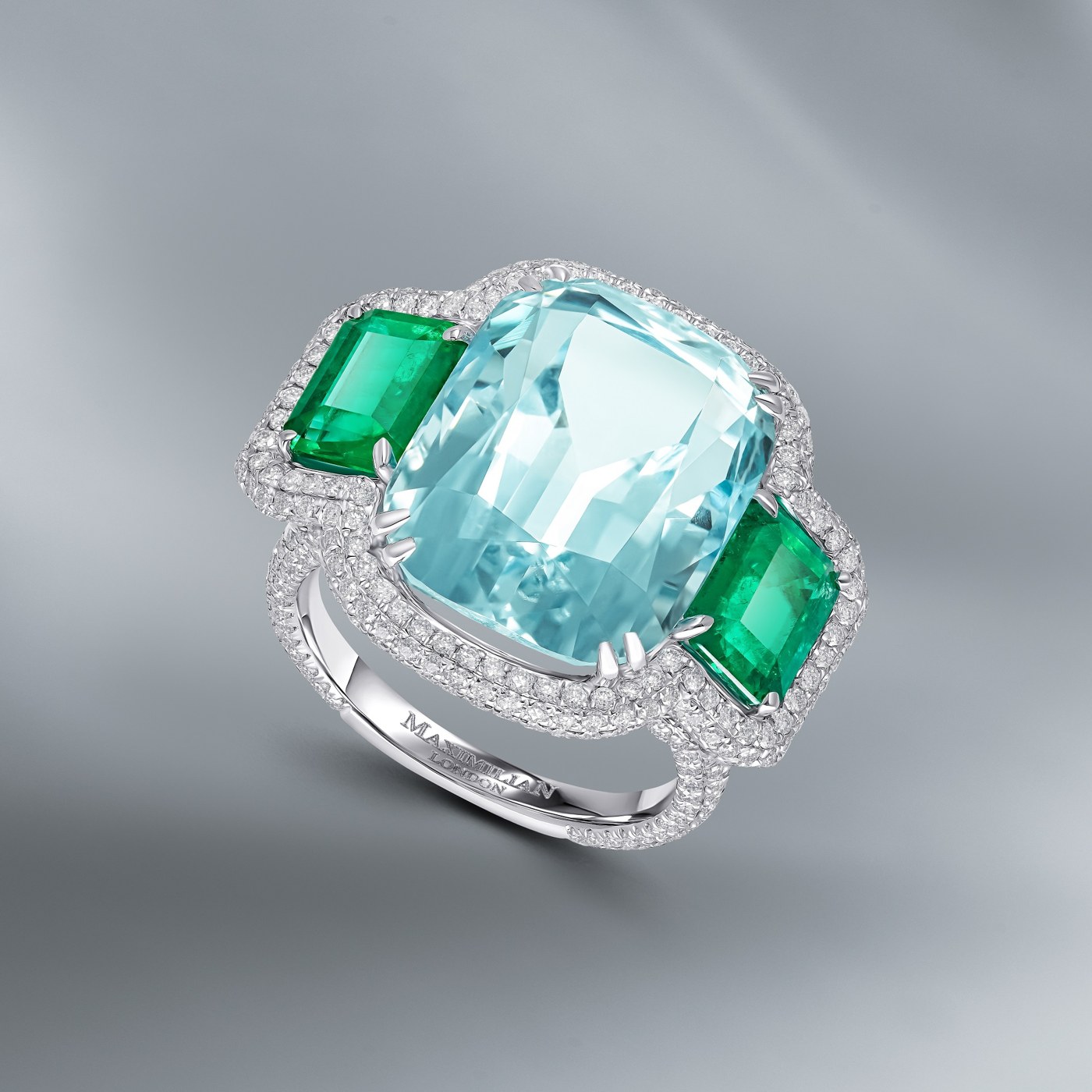 Diamond Ring set with Natural Aquamarine & Colombian Emeralds